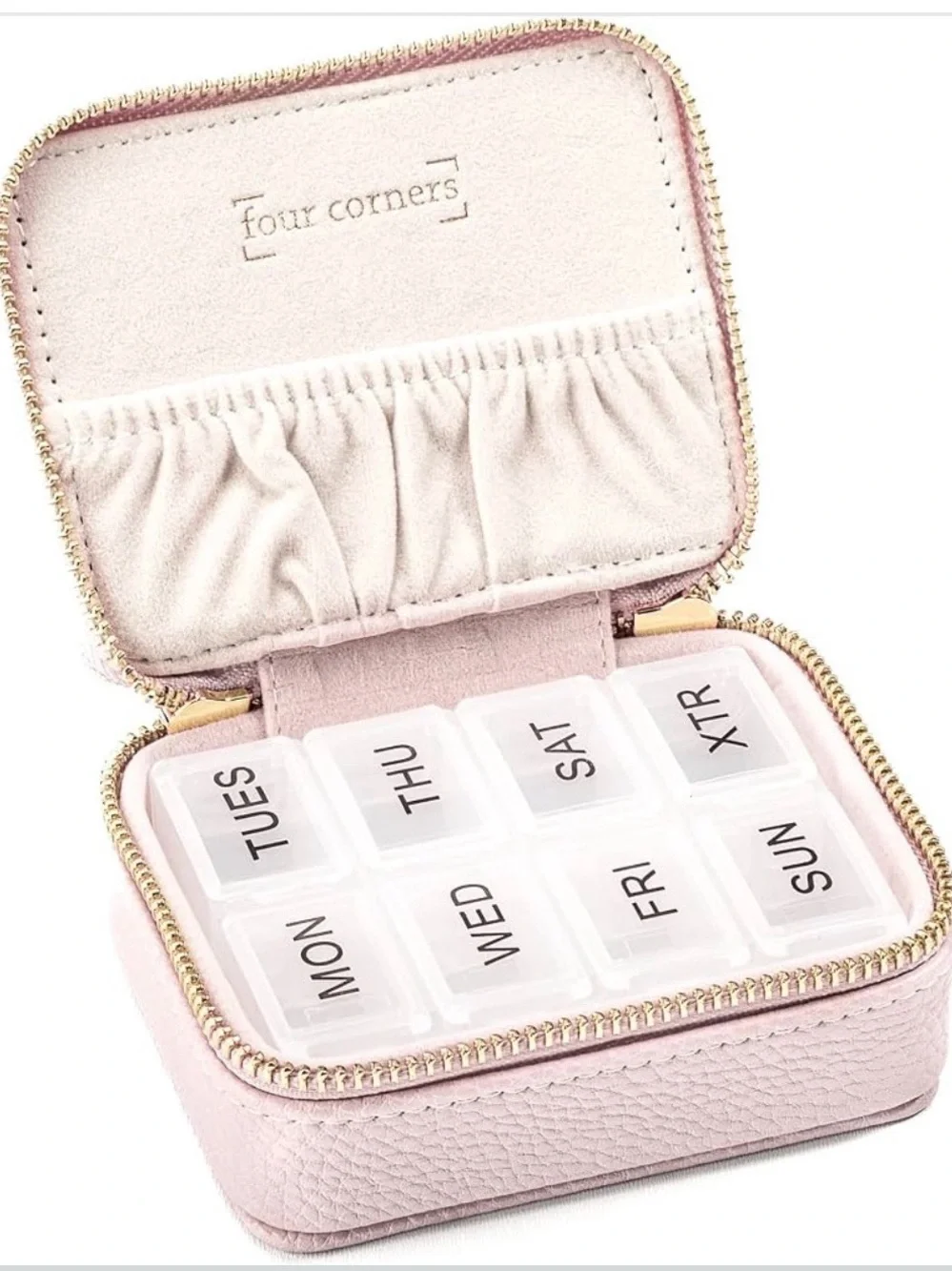 Four Corners Weekly Pill Organizer/Jewelry Travel Case  Blush with Gold Hardware
